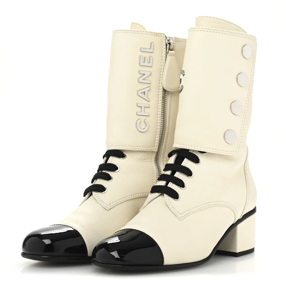 Chanel 19B Calfskin Patent Cap Toe CC Lace Up Combat Boots Cream/Black EU 37.5